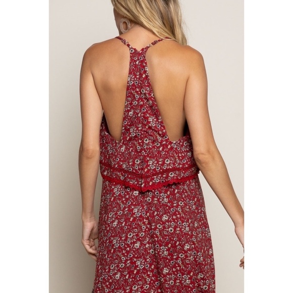 POL Red Floral Print Relaxed Fit Sleeveless Ruffle Midi Dress - Picture 6 of 7